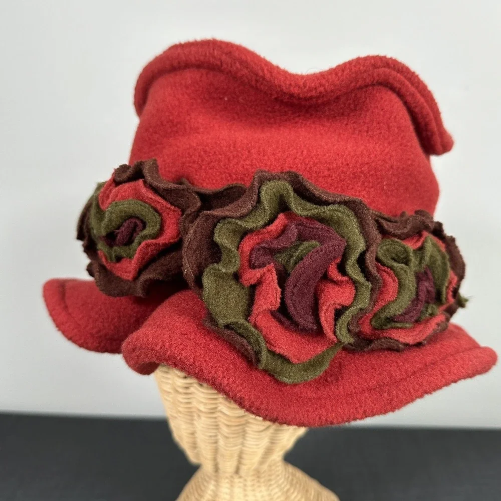 Vintage 90s Womens Hat Amber Rose Floral Fleece‎ Winter Fall Grunge Red Packable